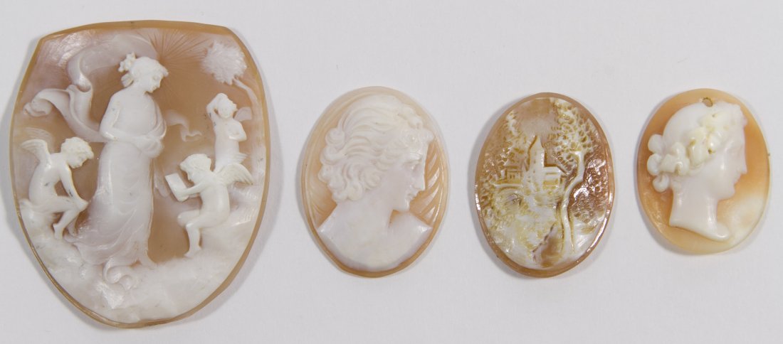 Carved Shell Cameo Assortment: Carved Shell Cameo Assortment Four loose items including two ladies facing right, a scenic cameo and a lady with angels Length: 2.00 inches (longest) Category: Jewelry and Timepieces > Costume Shippin