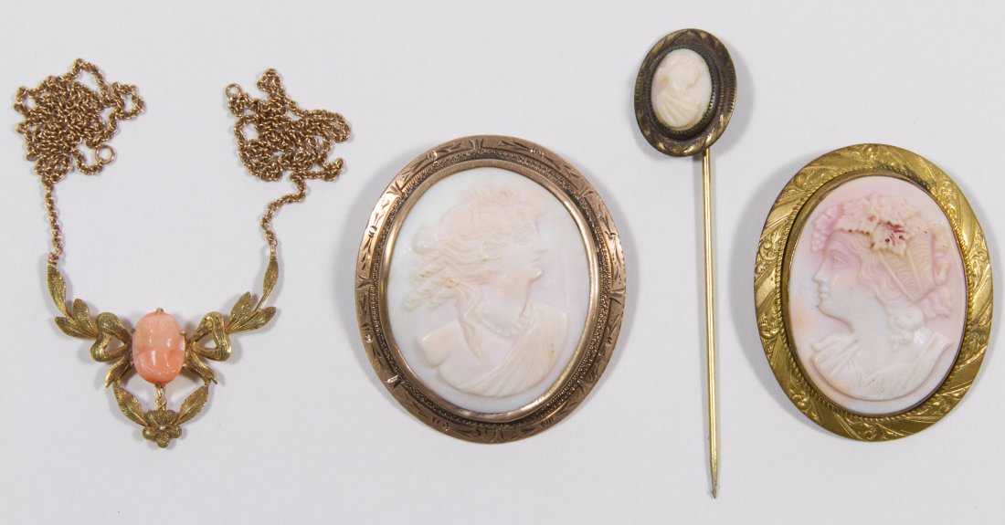 Carved Shell Cameo Jewelry Assortment: Carved Shell Cameo Jewelry Assortment Four cameos including two brooches, a stick pin and a necklace Length: 2.50 inches (longest) Category: Jewelry and Timepieces > Costume Shipping Status: Leonard A