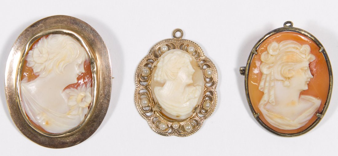 Carved Shell Cameo Jewelry Assortment: Carved Shell Cameo Jewelry Assortment Three cameos including a brooch, a brooch/pendant and a pendant; all facing right Length: 1.50 inches (longest) Category: Jewelry and Timepieces > Costume Shippin