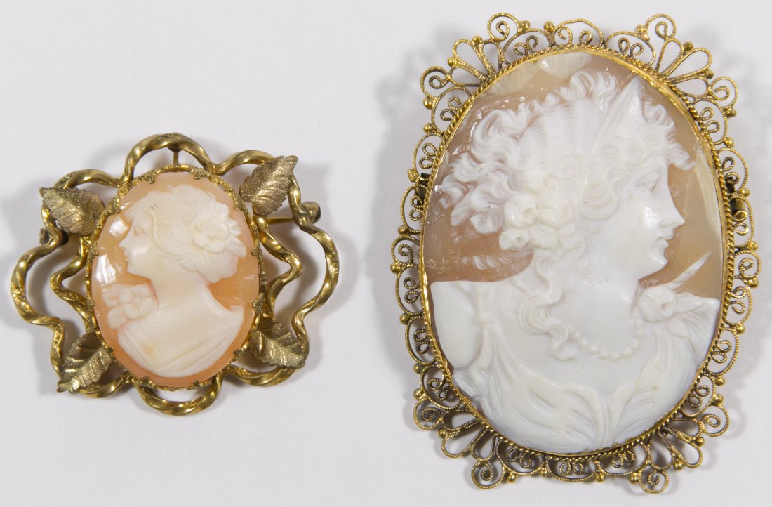 Carved Shell Cameo Jewelry Assortment: Carved Shell Cameo Jewelry Assortment Two cameos including a brooch facing right and a brooch/pendant facing left Length: 2.25 inches (longest) Category: Jewelry and Timepieces > Costume Shipping Stat