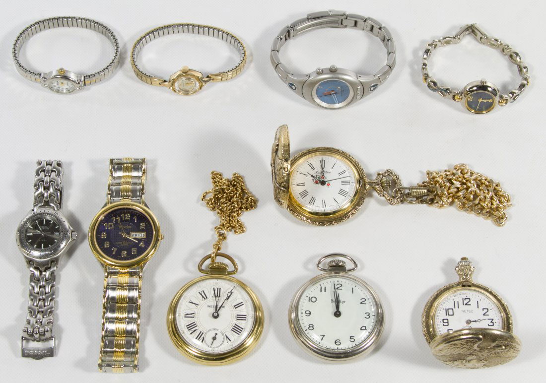 Pocket and Wrist Watch Assortment: Pocket and Wrist Watch Assortment Four pocket watches and six wrist watches including Bull's Eye, Westclox, Bulova and Fossil Category: Jewelry and Timepieces > Men's Pocket Watches Shipping Status: L