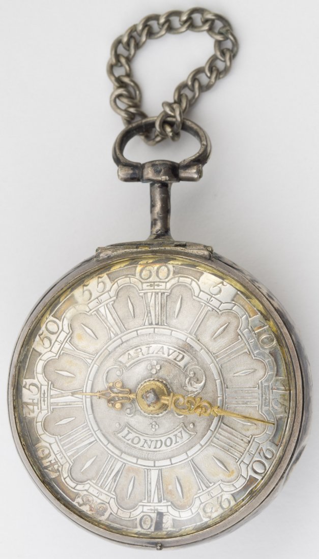 Sterling Silver Fusee Pocket Watch: Sterling Silver Fusee Pocket Watch English, c.1750, labeled 'Arlaud' and 'London' on face and workings; case marked 'bcbo'; north wind on workings Width: 1.75 inches Category: Jewelry and Timepieces >