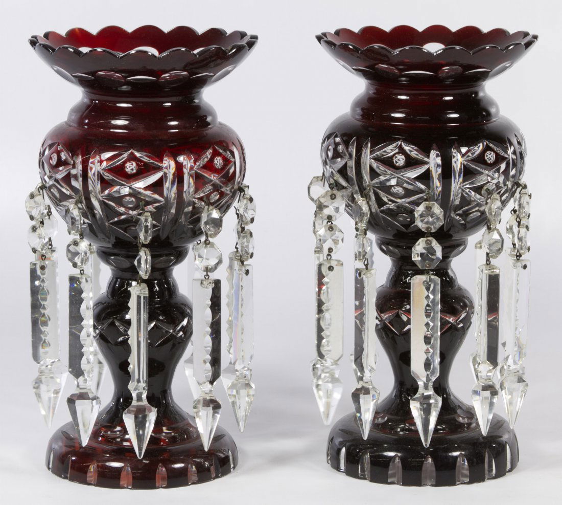 Ruby Cut-to-Clear Mantle Lusters: Ruby Cut-to-Clear Mantle Lusters Germany, two lusters, having a made in Germany sticker and twenty hanging crystal prisms Height: 9.75 inches Category: Crystal > Czech Shipping Status: 3rd Party Shipp