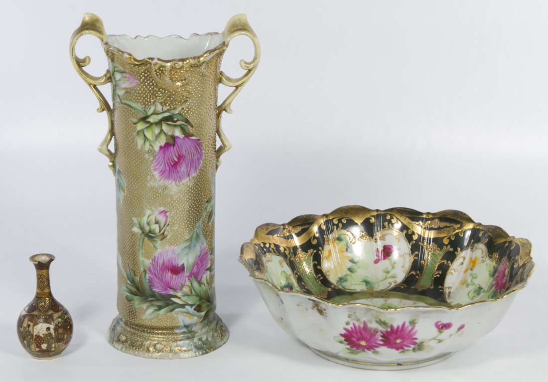 Nippon Porcelain Assortment: Nippon Porcelain Assortment Three items including a 'Blue Maple Leaf Nippon' vase, an unmarked bowl and a small Satsuma vase Height: 11.00 inches (tallest) Category: Porcelain and Ceramics > Nippon Sh