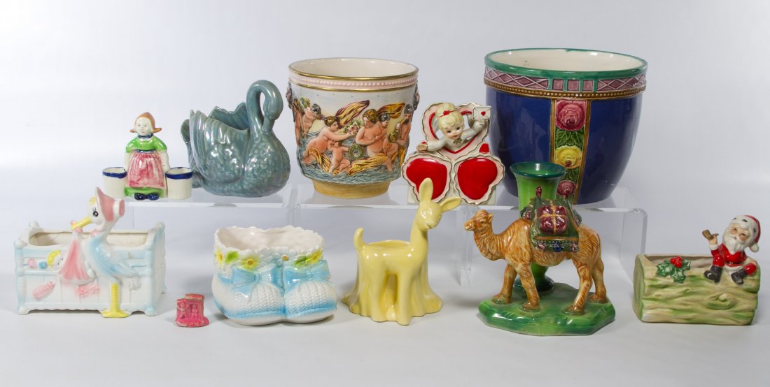 Ceramic Planter Assortment: Ceramic Planter Assortment Ten items including three Relpo planters, two Japanese planters, an Empire Works swan, a Haeger yellow planter, an unmarked Yule log, a Capodimonte style Italian pot with nu