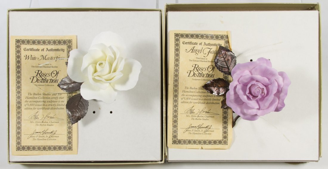 Boehm Porcelain Flowers: Boehm Porcelain Flowers Two flowers from the 'Roses of Distinction' collection in original boxes; including 'White Masterpiece' and 'Angel Face' flowers with Boehm Studios COAs Height: 4.00 inches (Wh