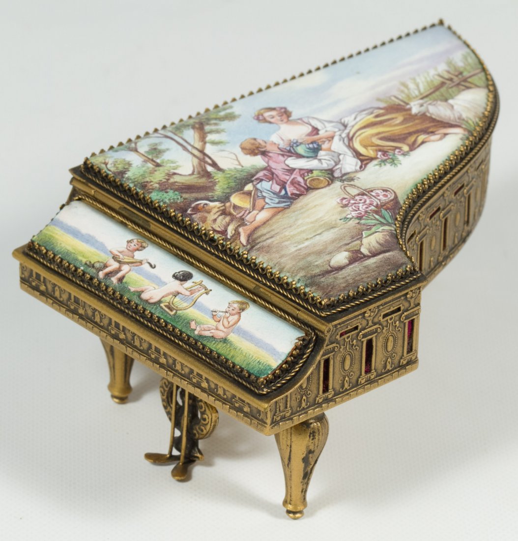 Austrian Enamel Dollhouse Piano: Austrian Enamel Dollhouse Piano Having hand painted pastoral scenes, a hinged lid and velvet interior lining Height: 2.50 inches, Length: 5.00 inches, Width: 3.25 inches Category: Toys and Dolls > Pre