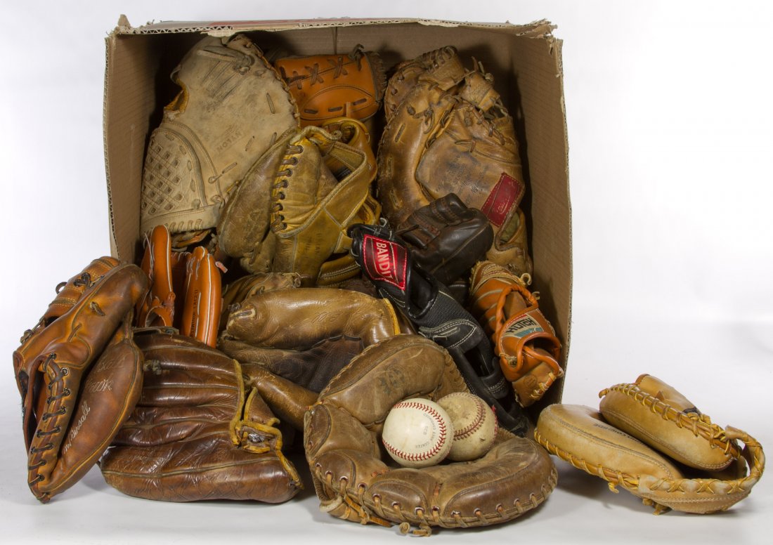 Baseball Glove and Ball Assortment: Baseball Glove and Ball Assortment Including seventeen baseballs and twenty-three baseball gloves Height: 10.00 inches (largest glove) Category: Sporting Goods > Other Shipping Status: 3rd Party Shipp