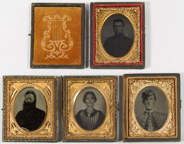 Civil War 1/9 Plate Ambrotype and Tintype Photographs: Civil War 1/9 Plate Ambrotype and Tintype Photographs 1/9 plates, having two of union soldiers, one wearing a Company H hat; two of patriotics in 'The Union Now and Forever' mats Width: 2.75 inches (w
