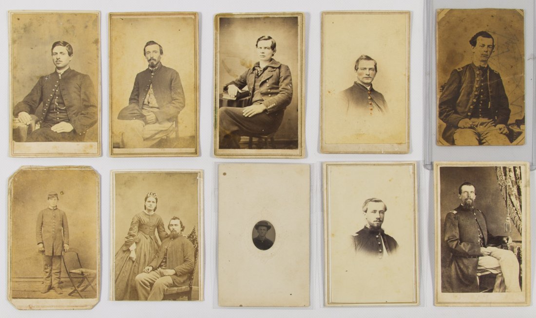Civil War Soldier CDV and Gem Tintype Photographs: Civil War Soldier CDV and Gem Tintype Photographs Ten pieces; back stamps include Bowery, New York; 36th New York; Cuba, New York; Chicago, Illinois; Batavia, Illinois and Holly, Michigan Height: 4.00
