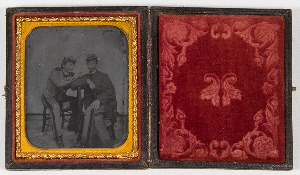 Civil War Soldiers Ambrotype Photograph: Civil War Soldiers Ambrotype Photograph 1/6 plate; depicting two members from the 4th or 7th New York National Guard sitting on chairs smoking Width: 3.25 inches (case) Category: Books & Ephemera > Ph