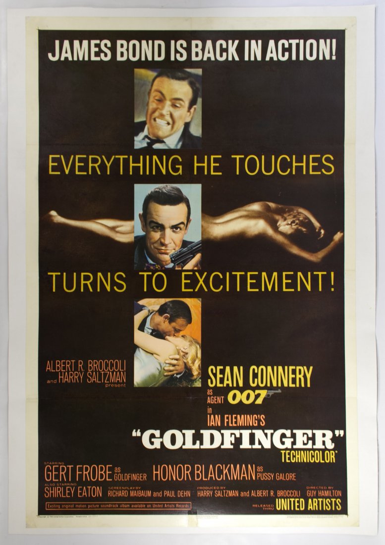 James Bond Goldfinger Original Single Sheet Movie Poste: James Bond Goldfinger Original Single Sheet Movie Poster 1964, printed by Continental Lithograph; linen backed Height: 41.50 inches, Width: 26.00 inches Category: Books & Ephemera > Hollywood Shipping