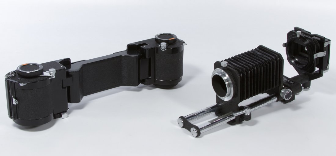 Canon Film Chamber 250 and Pentax Bellows II Slide: Canon Film Chamber 250 and Pentax Bellows II Slide Copier Two items including the Cannon device that attaches to a camera for long length continuous roll photography and an Asahi Pentax slide copier d