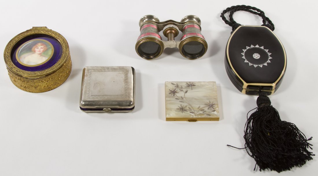 Compact, Opera Glasses and Razor Assortment: Compact, Opera Glasses and Razor Assortment Five items including a French gilt metal and guilloche enamel compact with printed portrait, a black lacquer compact purse, a pair of French opera glasses,