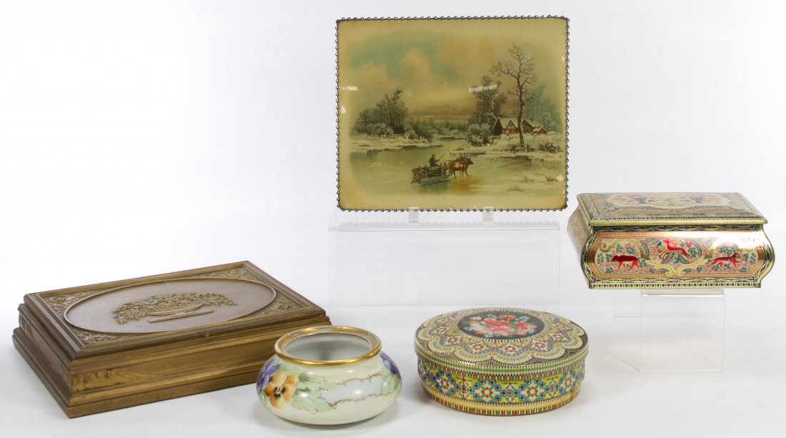 Decorative Box Assortment: Decorative Box Assortment Five items including two tin boxes, a wood box, a winter scene wall hanging and a broken porcelain Austrian covered dish Category: Decorative Arts > Objects Shipping Status: 