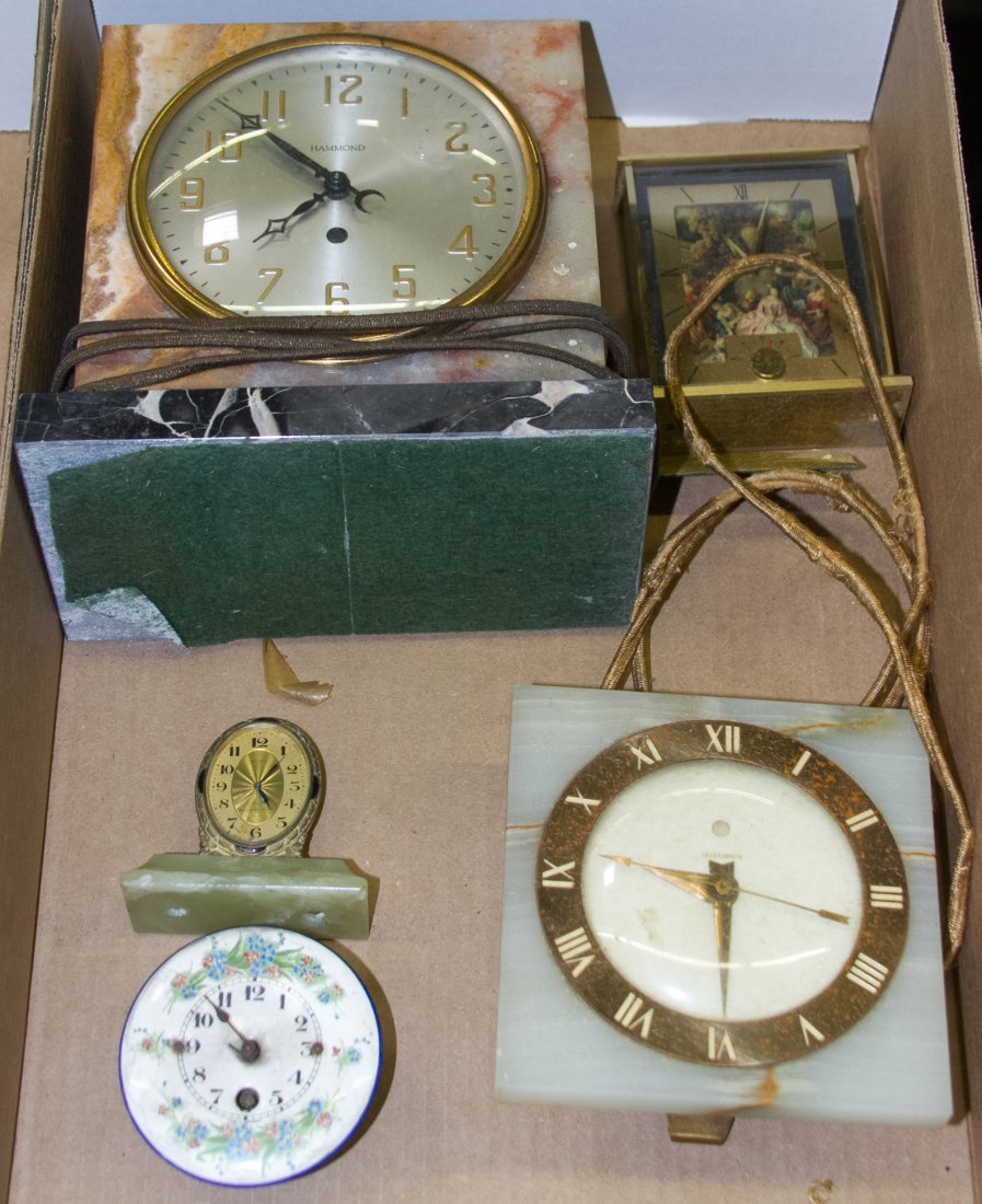 Clock Assortment: Clock Assortment Five clocks by Hammond, Telechron, Elgin, a German painted porcelain clock and a J.D. Caldwell clock Height: 8.00 inches (tallest) Category: Decorative Arts > Clocks Shipping Status: 