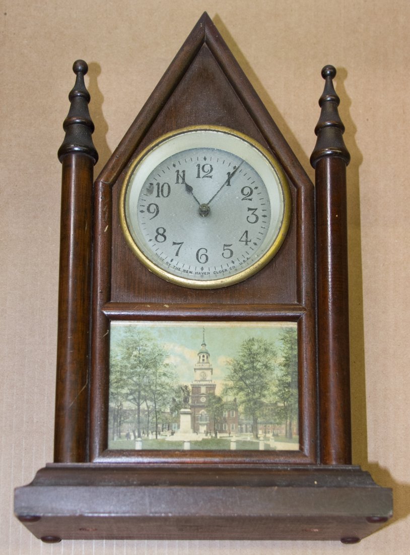 New Haven Clock Co. Gothic Mantel Clock: New Haven Clock Co. Gothic Mantel Clock Having post card image below the dial Height: 12.75 inches Category: Decorative Arts > Clocks Shipping Status: 3rd Party Shipping; the shipping cost may be high