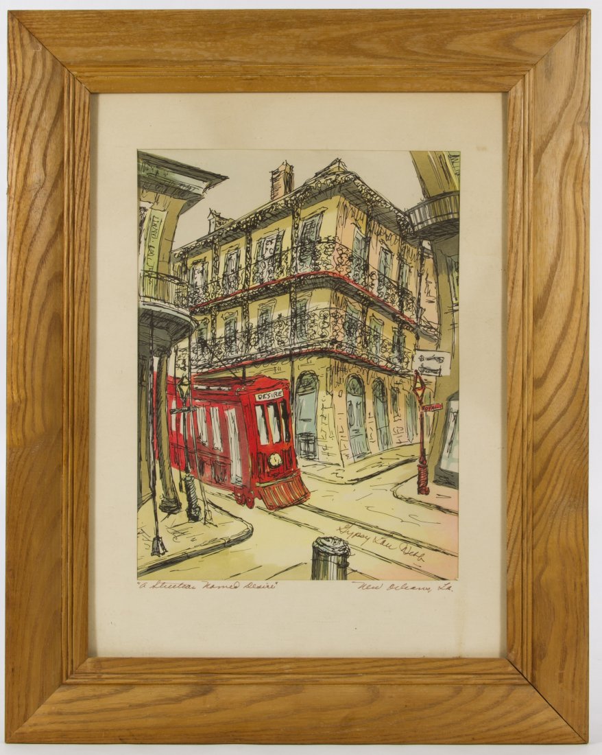 Gypsy Lou Webb (American, 20th Century) 'A Streetcar: Gypsy Lou Webb (American, 20th Century) 'A Streetcar Named Desire' Pen and Ink Drawing on Paper Undated, signed lower right; depicting a streetscape in New Orleans Height: 12.00 inches, Width: 9.00 in