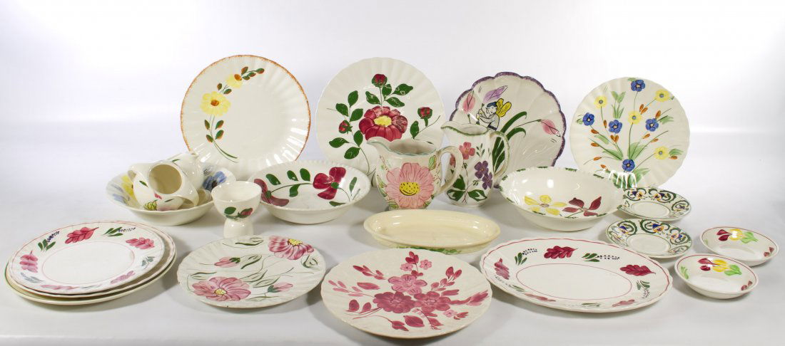 Blue Ridge Southern Potteries Dish Assortment: Blue Ridge Southern Potteries Dish Assortment Including nine plates, five bowls, a creamer, a sugar bowl, two pitchers, two oval serving dishes, an egg cup and two saucers in floral, fruit or pixie pa