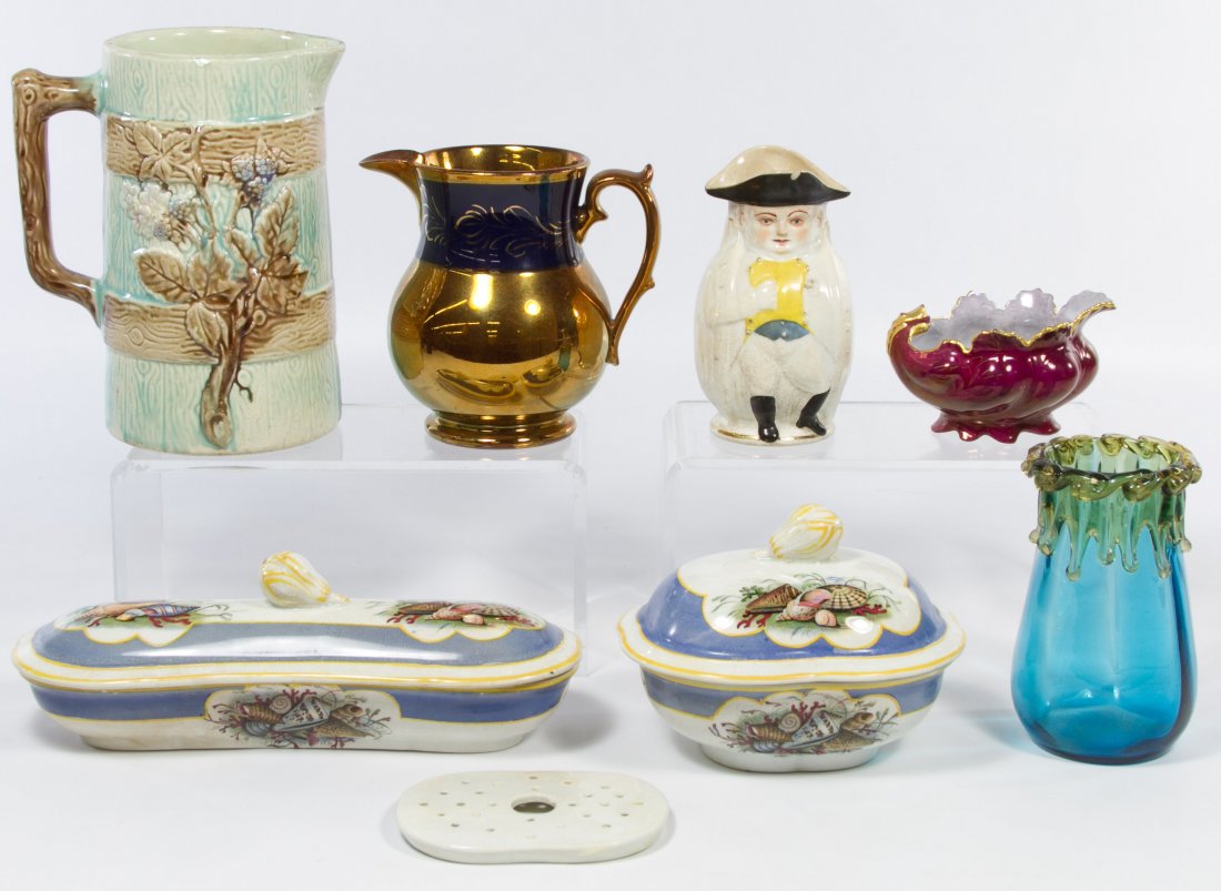 Ceramic and Glass Assortment: Ceramic and Glass Assortment Seven items including two shell transfer printed lidded dishes, a lusterware pitcher, a Toby pitcher, a tree bark style pitcher, a Moritz Zdekauer shell dish and a blown g