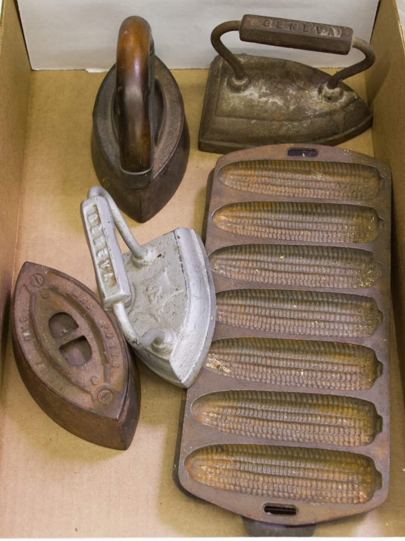 Sad Iron Assortment: Sad Iron Assortment Four irons; together with two corn muffin pans Width: 13.00 inches (widest) Category: Primitives > Kitchen Shipping Status: 3rd Party Shipping; the shipping cost may be high; pleas
