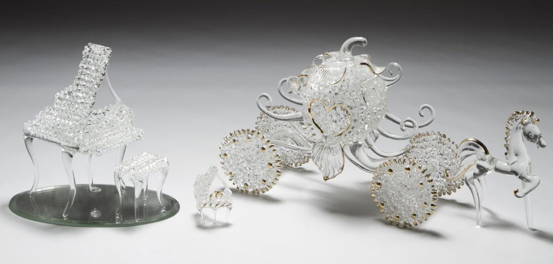 Blown Glass Figurines: Blown Glass Figurines Five items including a Cinderella coach and horse with gold trim, a piano with bench and a second piano Length: 6.50 inches (carriage) Category: Figurines > Other Shipping Status