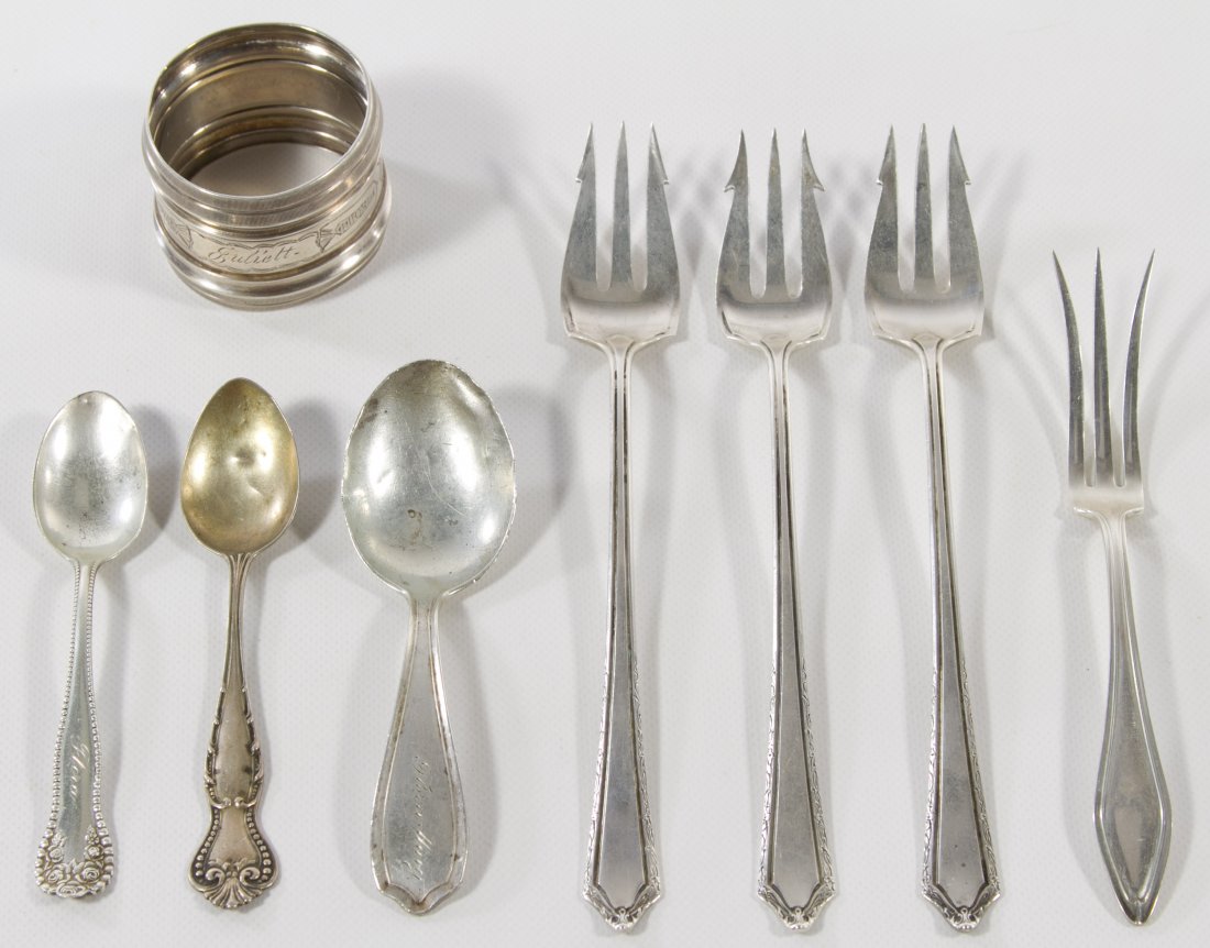 Sterling Silver Napkin Ring and Flatware: Sterling Silver Napkin Ring and Flatware Including three sterling silver spoons and four olive forks; some produced by Alvin and Towle Weight: 3.70 ozt. (total weight) Category: Silver > Sterling Silv