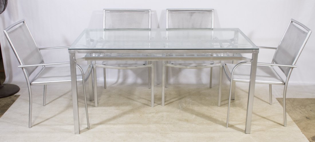 Painted Metal and Glass Patio Table and Chairs: Painted Metal and Glass Patio Table and Chairs Includes four matching chairs with mesh seats and backs Height: 30.00 inches, Length: 59.00 inches, Width: 31.00 inches (table) Category: Decorative Arts