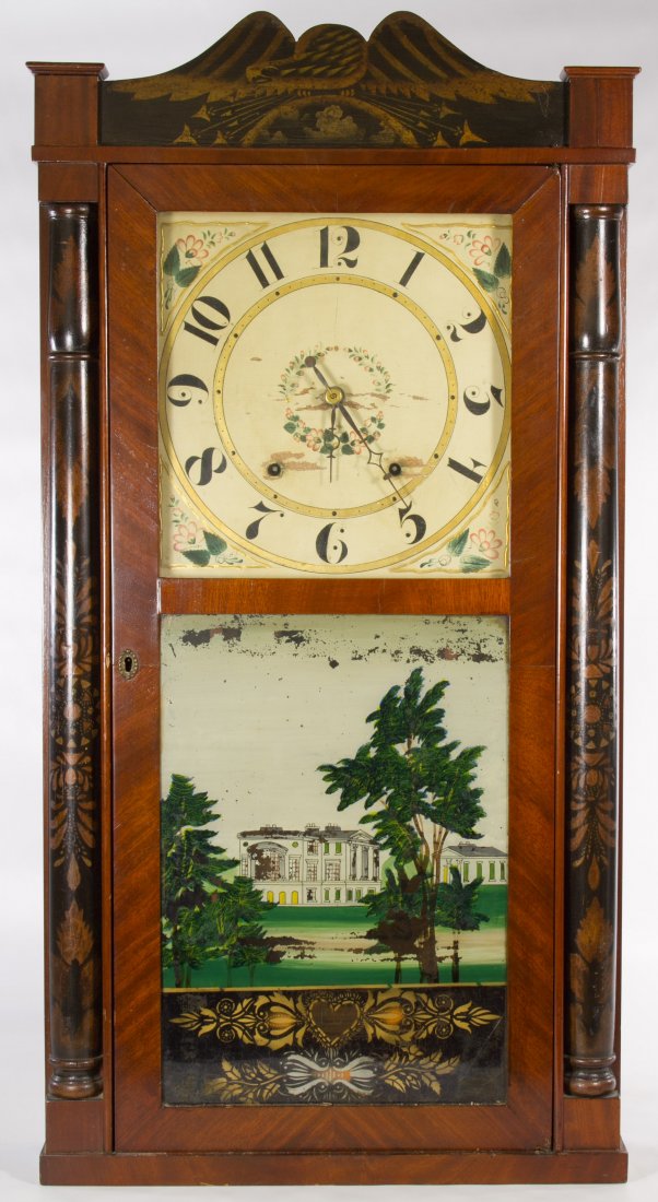 Mahogany Seth Thomas Patent Wall Clock by Eli Terry: Mahogany Seth Thomas Patent Wall Clock by Eli Terry With floral design painted face and reverse painted glass Height: 35.00 inches, Width: 17.50 inches, Depth: 5.00 inches Category: Decorative Arts > 