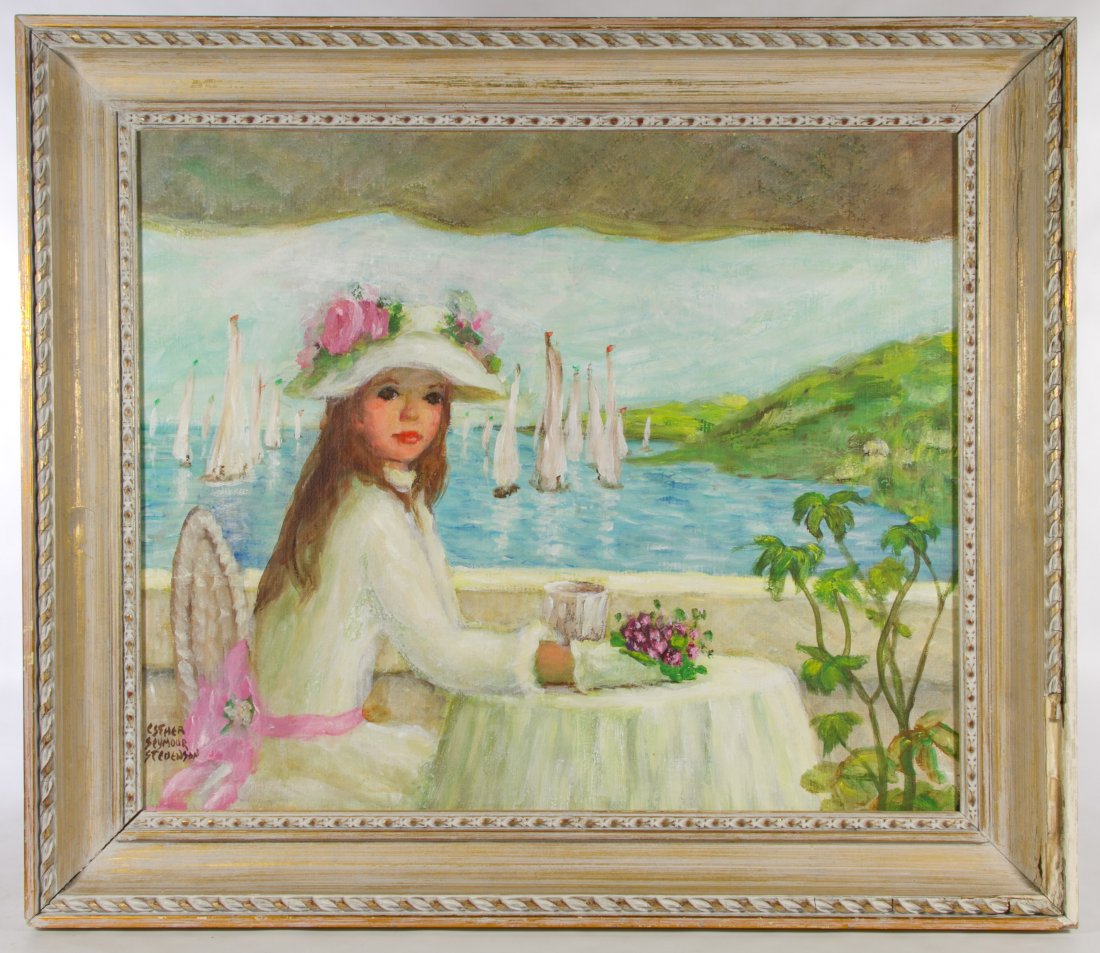 Esther Seymour Stevenson (American, 20th Century) Oil: Esther Seymour Stevenson (American, 20th Century) Oil On Board Undated, signed lower left, depicting a young female sitting at a table with sailboats in the background Height: 20.00 inches, Width: 23.
