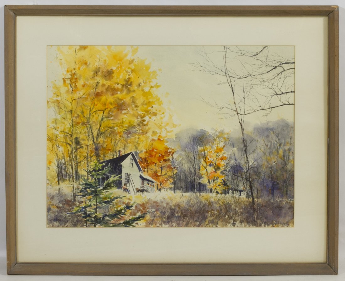 Phil Austin (American, 1910-2004) Watercolor: Phil Austin (American, 1910-2004) Watercolor Undated, signed lower right, depicting a outdoor fall landscape Height: 21.00 inches, Width: 28.50 inches (watercolor) Category: Fine Art > American Painti