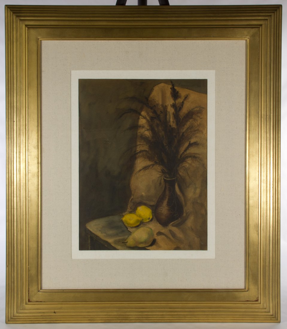(In the Style of) Yasuo Kuniyoshi (American/Japanese,: (In the Style of) Yasuo Kuniyoshi (American/Japanese, 1883-1953) 'Still Life' Watercolor c.1946, signed and dated upper right, depicting lemons and a pear with a vase of fronds Height: 17.25 inches, W
