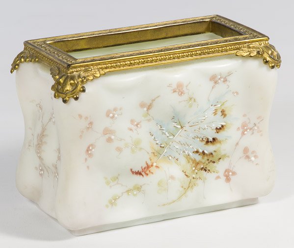 Wavecrest Letter Box: Wavecrest Letter Box Having a classical style gilt metal rim and a milk glass body with enamel and hand painted foliage design; marked on the bottom 'The C F M Co' Height: 4.25 inches, Width: 6.00 inc
