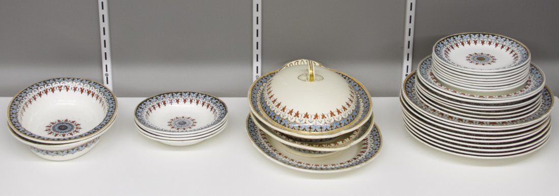 Copeland Spode China Assortment: Copeland Spode China Assortment Including (9) dinner dishes, (7) salad plates, (8) bread plates, (4) bowls, (2) oval serving dishes with handles and a lid, (2) oval serving bowls and an oval serving p