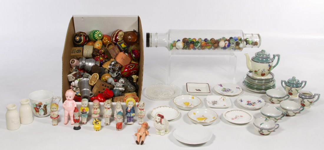 Doll, Minature and Toy Assortment: Doll, Minature and Toy Assortment Including all bisque dolls made in Japan, a German bisque dollhouse doll, doll-size tea sets and dishes, antique and vintage marbles in a glass rolling pin, hand pain