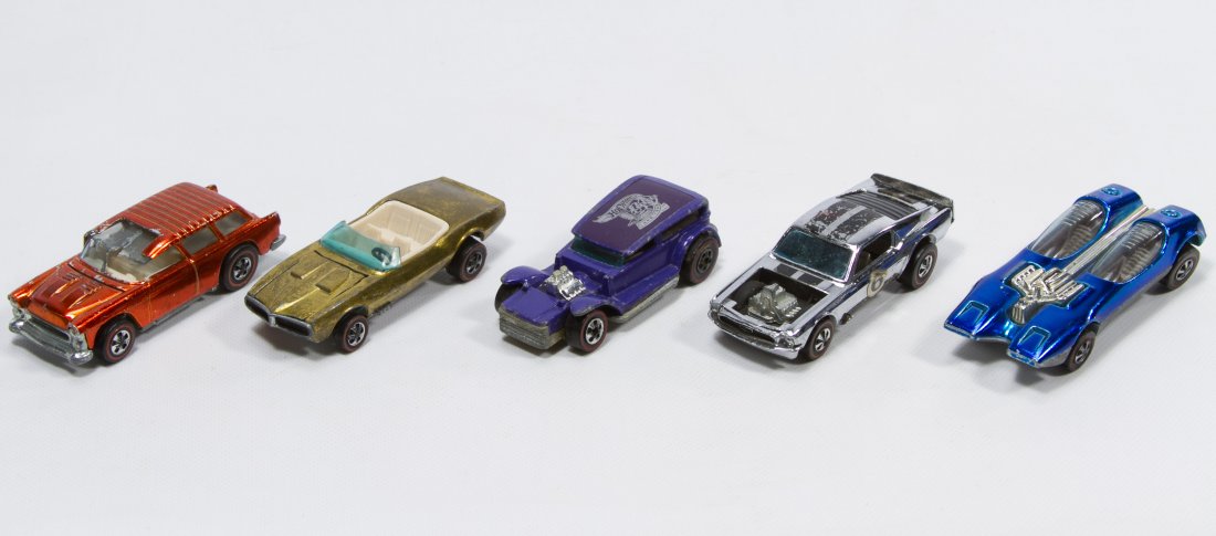 Mattel Redline 'Hot Wheels' Car Assortment: Mattel Redline 'Hot Wheels' Car Assortment Five cars including a 1998 'Demon,' a gold 1967 'Custom Firebird,' a silver 1969 'Mustang Boss Hoss,' a blue 1968 'Spittin Image' and an orange 1969 'Classic