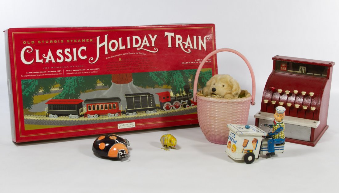 Wind-Up Toys, Cash Register and Toy Train: Wind-Up Toys, Cash Register and Toy Train Six items including a friction drive Japanese wind up ice cream man, a tin litho Japanese lady bug, a tin litho chick, a Japanese wind up plush dog in basket,