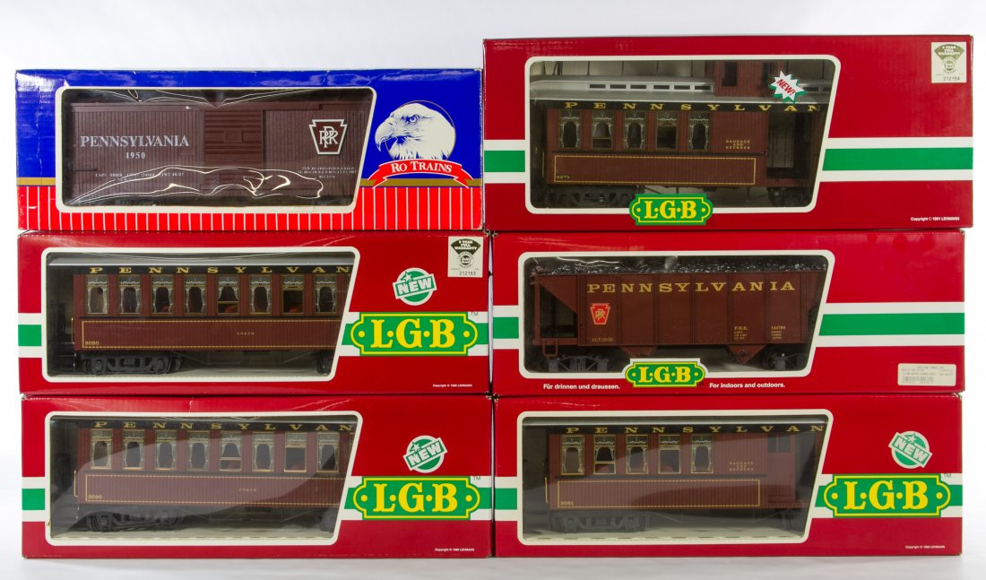 LGB G Scale Pennsylvania RR Train Cars: LGB G Scale Pennsylvania RR Train Cars Including models: Pennsylvania Freight Car 1950, (2) Coach Car 3280, Baggage And Express 3281, Baggage And Express 4275, Hopper Coal 44760 Category: Toys and Dol