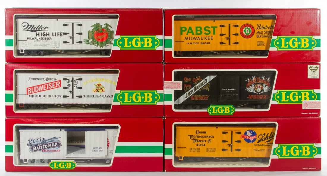 LGB G Scale Beverage Train Cars: LGB G Scale Beverage Train Cars Including model numbers: Jack Daniel's 4067 JD, Budweiser 4070, Miller High Life 4072, Pabst 4074, Schlitz 4074-Z 02, Coors Malted Milk Box Car 46670 Category: Toys and