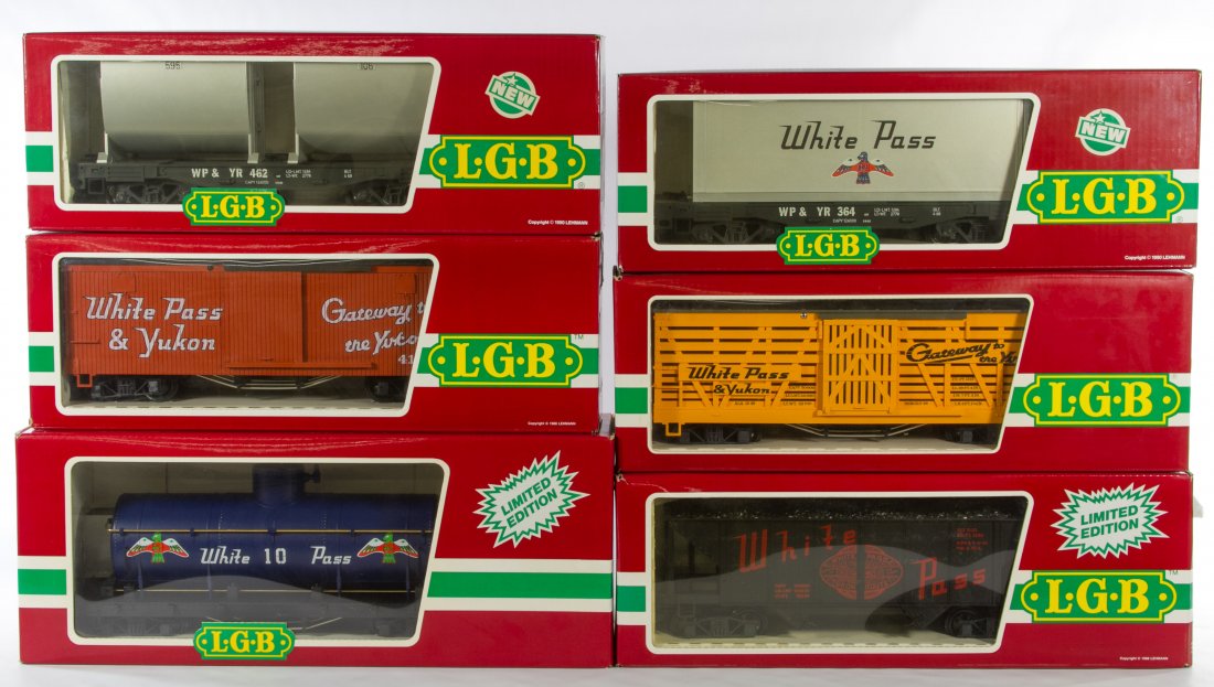 LGB G Scale White Pass Train Box Cars: LGB G Scale White Pass Train Box Cars Including model numbers 4076-W 02, 4080-W 01, 4085, 4086, 4167, 4168 Category: Toys and Dolls > Post-War Trains Shipping Status: 3rd Party Shipping; the shipping