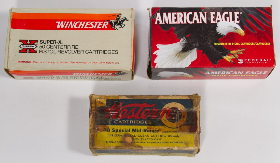 .38 Cal Ammunition Assortment: .38 Cal Ammunition Assortment Three boxes including a full box of fifty centerfire pistol cartridges by American Eagle, a nearly full box of Winchester Super X 38 Smith & Wesson 145 GR. Lead cartridge