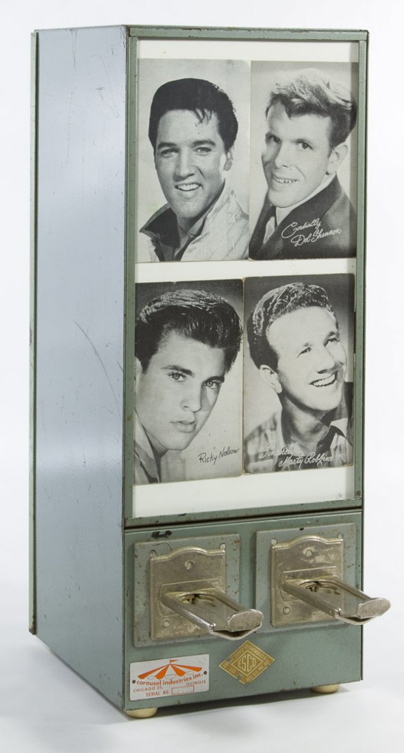 Exhibit Supply Co. Coin Operated Card Dispenser: Exhibit Supply Co. Coin Operated Card Dispenser Model #1722; metal Carousel Industries plate at the bottom; serial #3933; having a Elvis Presley, Del Shannon, Ricky Nelson and Marty Robbins collector 