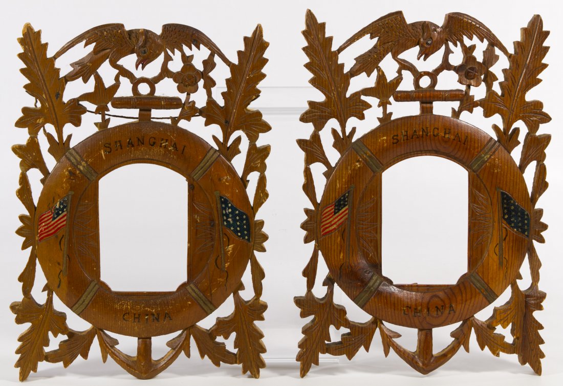 World War I Shanghai, China Carved Wooden Frames: World War I Shanghai, China Carved Wooden Frames Two pieces; U S Navy; decorated with eagles, oak leaves and painted flags Height: 11.25 inches, Width: 8.00 inches Category: Military & Weapons > World