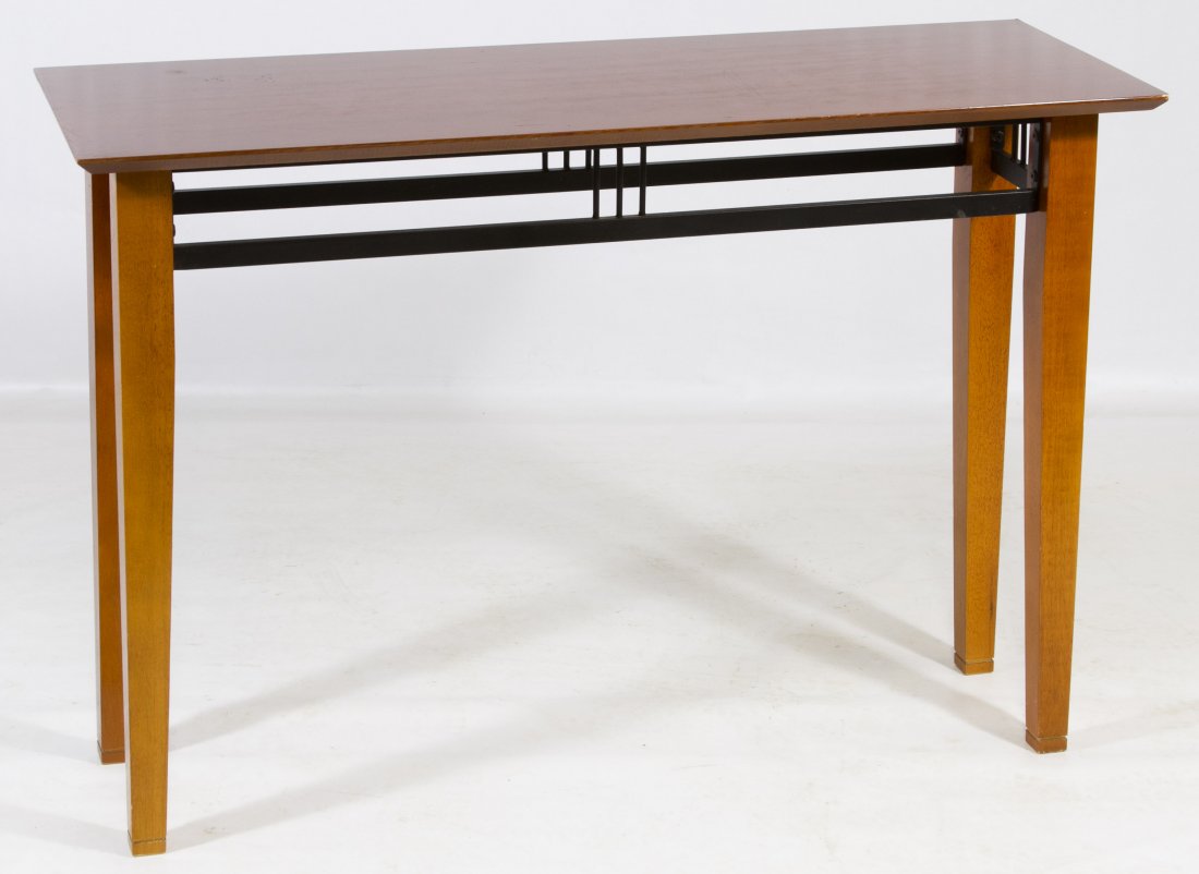 Mahongany and Metal Sofa Table: Mahongany and Metal Sofa Table Having a rectangular surface and metal support frame Height: 30.00 inches, Length: 45.00 inches, Depth: 16.00 inches Category: Furniture > American Shipping Status: 3rd 