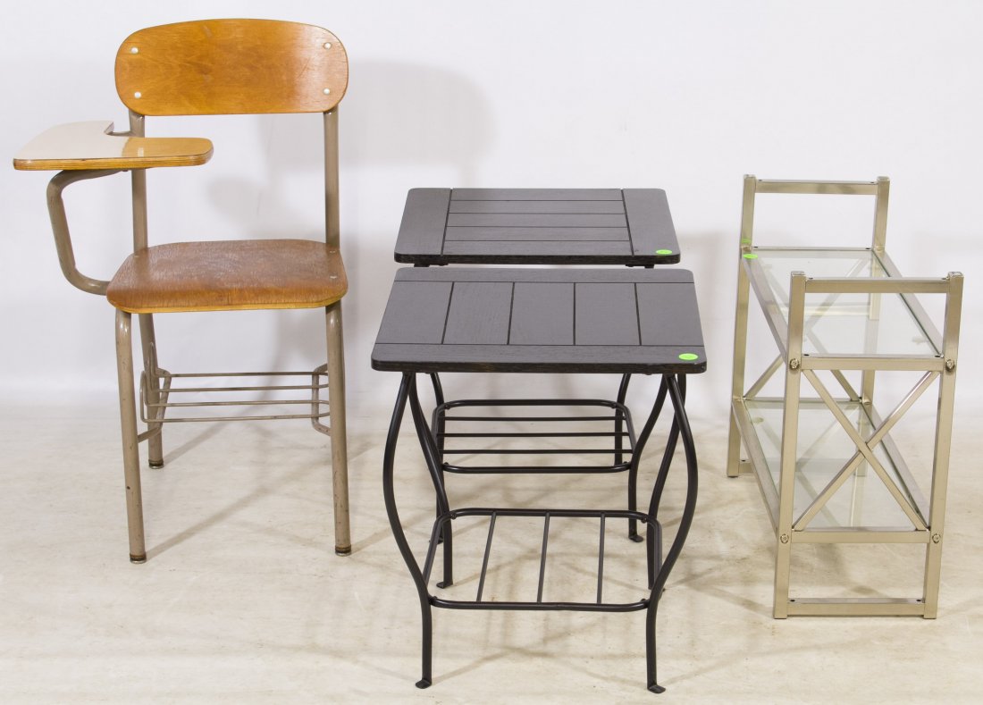 School Desk and Table Assortment: School Desk and Table Assortment Includes metal and wood school desk, two painted wood and wrought iron end tables and chrome and glass table Category: Furniture > American Shipping Status: 3rd Party 