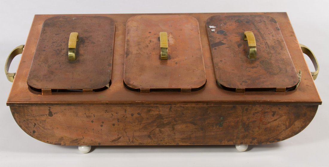 Copper Chafing Dish: Copper Chafing Dish Unmarked item has three compartments, three glass loaf pans and the electrical cord Length: 21.00 inches, Width: 11.00 inches Category: Silver > Other Shipping Status: 3rd Party Sh