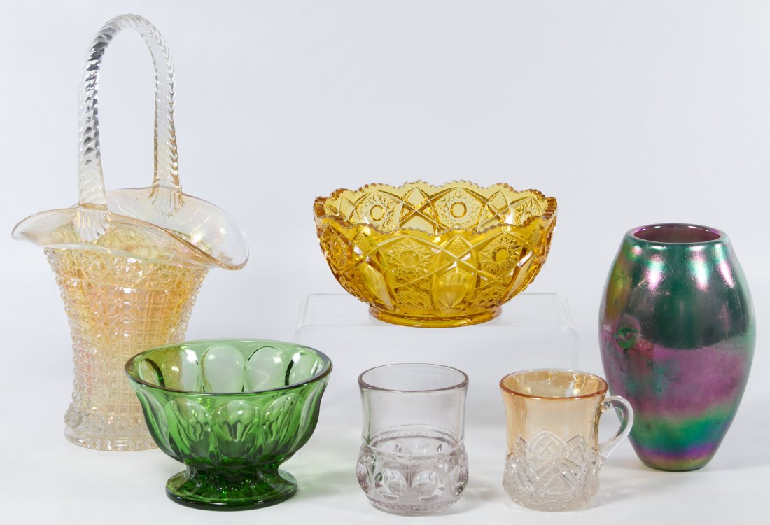 Gibson Cameo Iridescent Vase: Gibson Cameo Iridescent Vase Together with a amber glass bowl, basket and cup; also includes a purple toned cup and green glass bowl Height: 7.00 inches (tallest) Category: Glass > Art Glass Shipping
