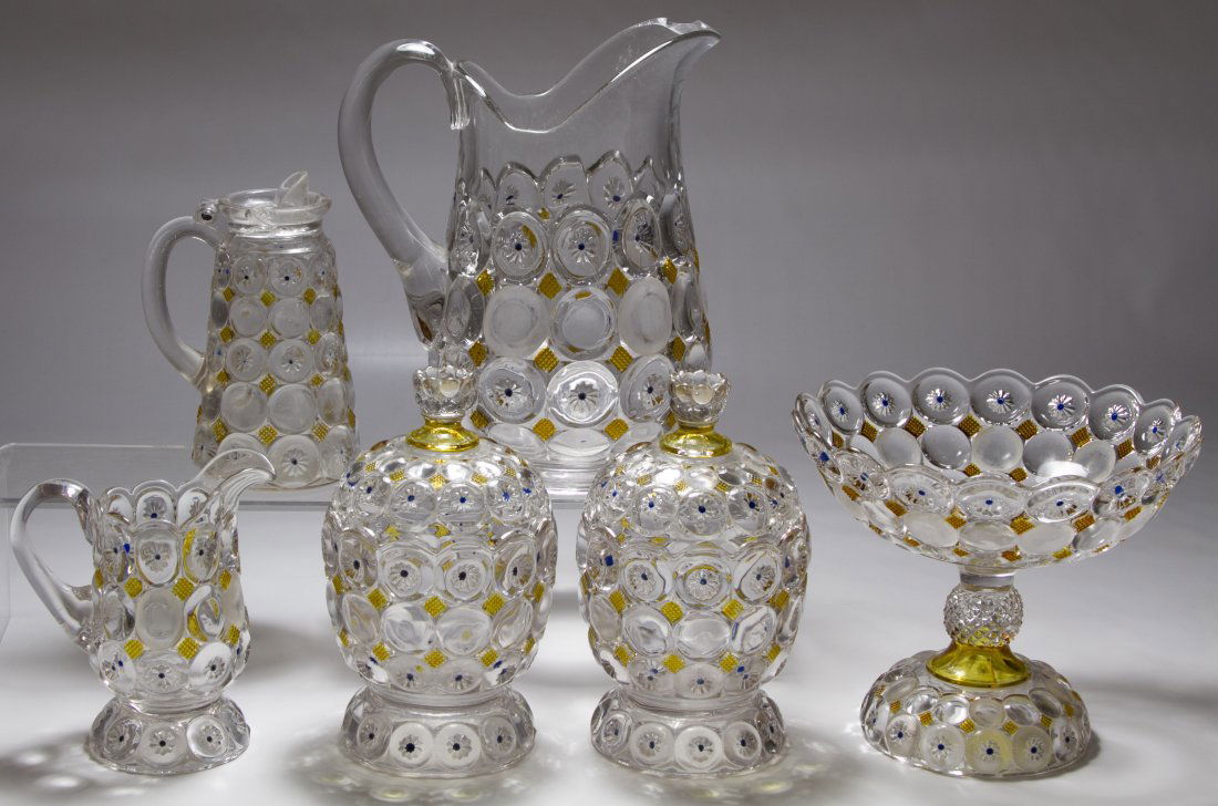 Moon and Star Glassware Assortment: Moon and Star Glassware Assortment Six items with gold and blue highlights including three pitchers, two covered compotes and a pedestal bowl Height: 10.00 inches Category: Glass > Depression Glass Sh
