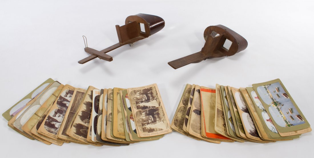 Stereo View Card Assortment: Stereo View Card Assortment Including two stereo viewers with one marked 'Underwood and Underwood' and fifty one stereo view cards from the 1895 to 1910 era Length: 13.00 inches Category: Books & Ephe