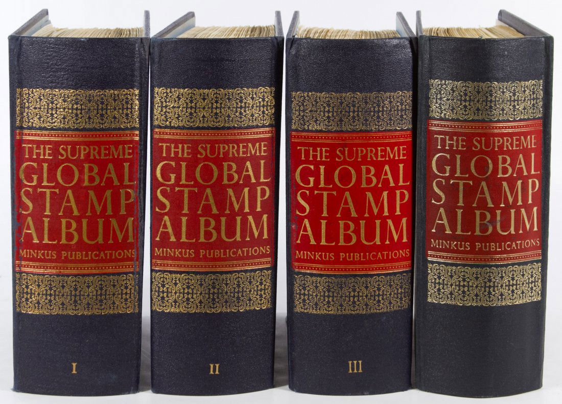 World: Stamp Assortment: World: Stamp Assortment Four partial Supreme Global Stamp albums; each album is approximately 45% filled with 70% cancelled stamps Category: Stamps > World Stamps Shipping Status: Leonard Auction, Inc